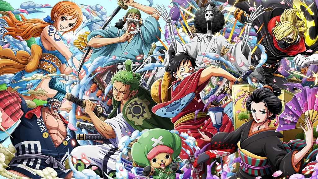 Gambar Luffy dan kru Topi Jerami berpose bersama