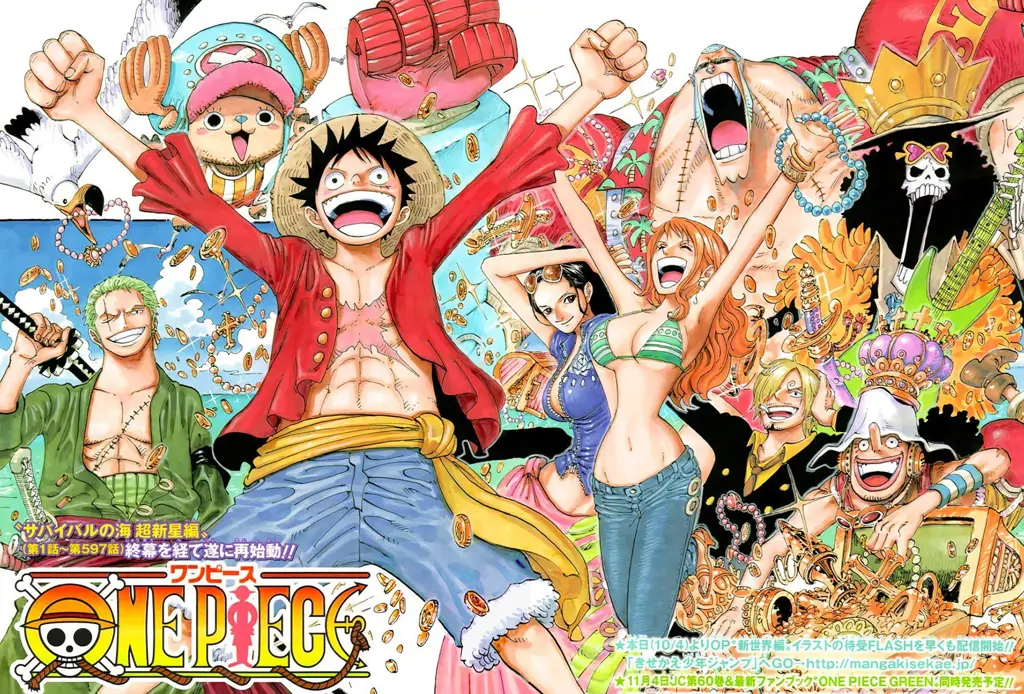 Kru Topi Jerami yang Menyenangkan Luffy dan kru Topi Jerami merayakan kemenangan