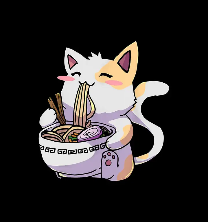 Kucing anime lucu menikmati semangkuk ramen