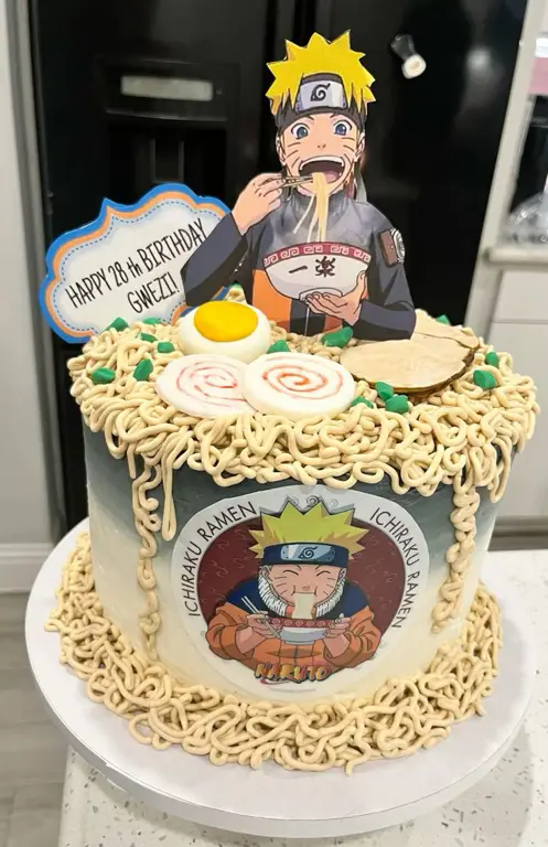 Kue ulang tahun dengan dekorasi karakter anime yang lucu dan menarik