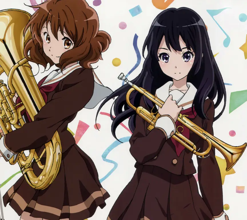 Kumiko dan Reina dari Hibike! Euphonium sedang berlatih musik bersama.