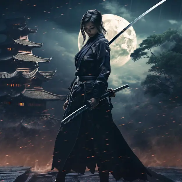 Gambar seorang wanita ninja Jepang yang sedang menyelinap