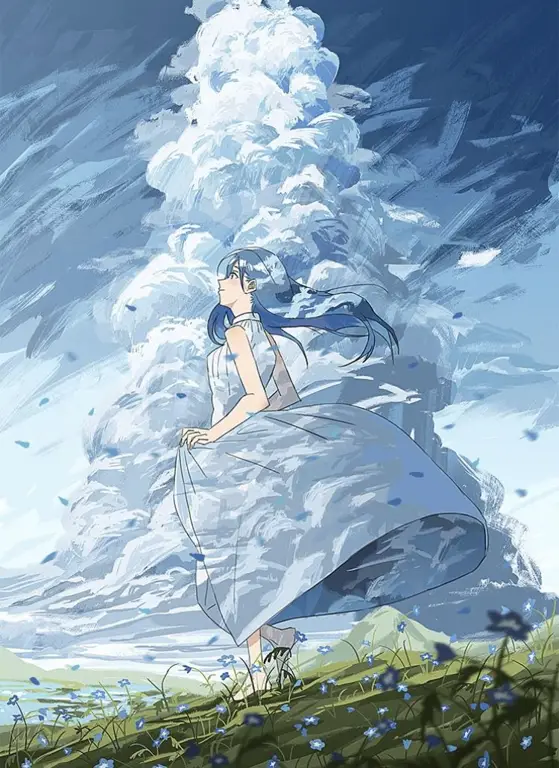 Pemandangan anime dengan langit biru yang indah