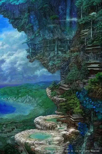 Pemandangan lanskap fantasi magis bergaya anime