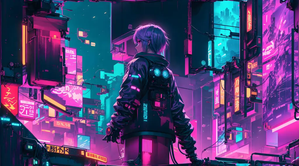 Kota futuristik dengan gaya cyberpunk yang gelap dan kacau