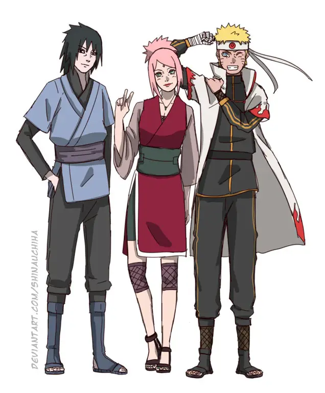 Gambar Boruto, Sarada, dan Mitsuki sedang berlatih bersama