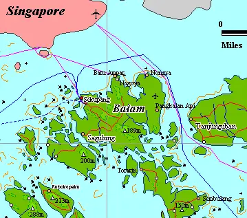 Peta Pulau Batam yang menunjukkan lokasi Bandara Hang Nadim