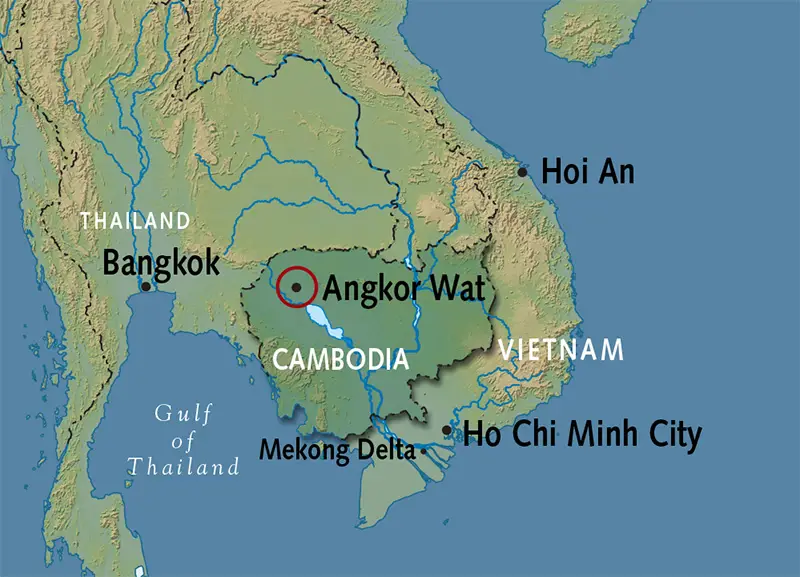 Peta Kamboja yang menunjukkan lokasi geografis dan batas-batas negaranya