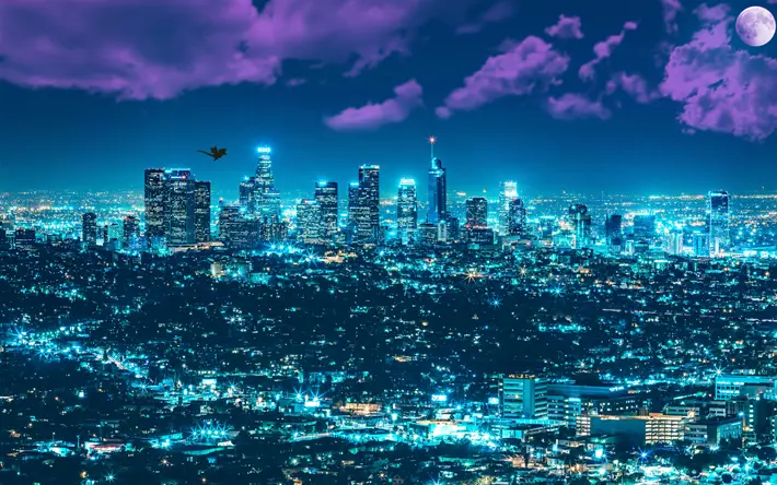 Pemandangan kota Los Angeles dengan filter anime, seolah-olah terinspirasi dari dunia One Piece.