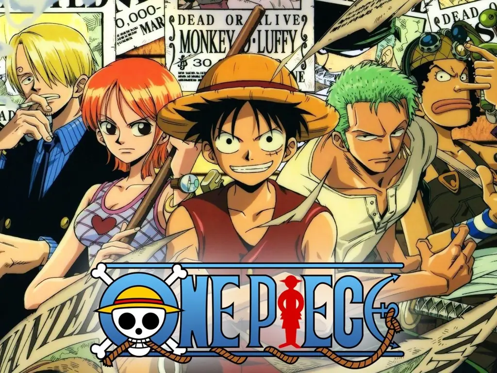 Gambar Luffy dan kru One Piece menonton TV dengan ekspresi penasaran