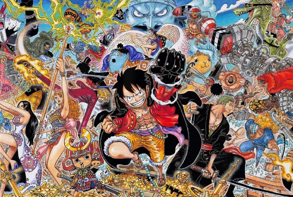 Gambar Luffy dan kru Topi Jerami merayakan sesuatu