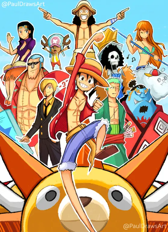 Luffy dan teman-temannya dalam petualangan seru Gambar kru topi jerami One Piece