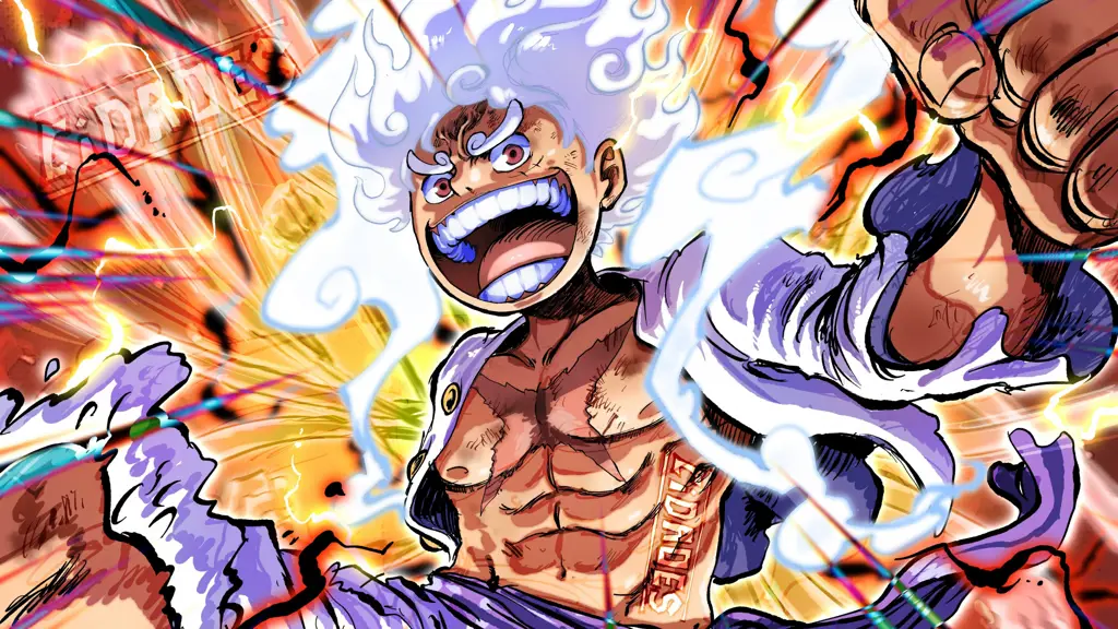 Gambar Luffy dalam mode Gear 5 yang epik.