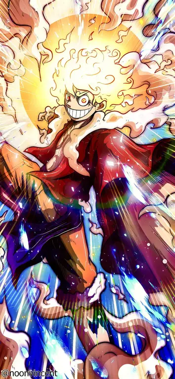 Gambar Luffy Gear 5 dengan tampilan yang sangat kuat dan penuh energi