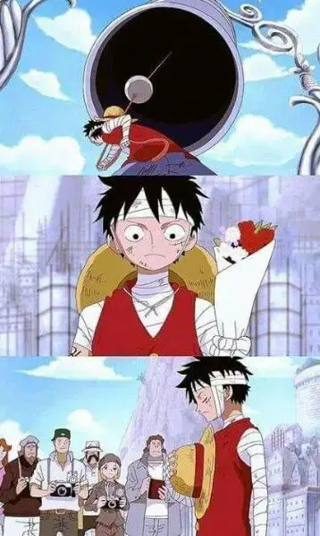 Gambar Luffy merayakan kemenangan di Marineford