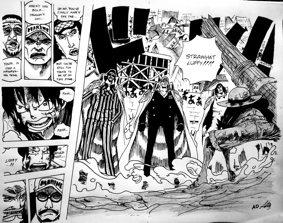 Gambar yang menampilkan halaman manga One Piece.