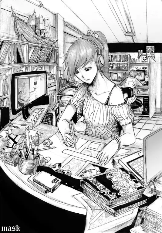 Seorang mangaka Jepang sedang bekerja di studionya