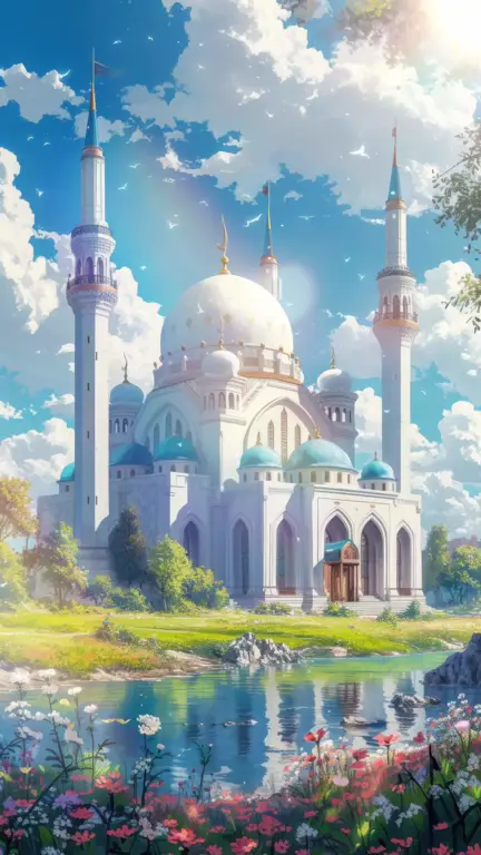 Gambar masjid yang digambarkan dengan gaya anime