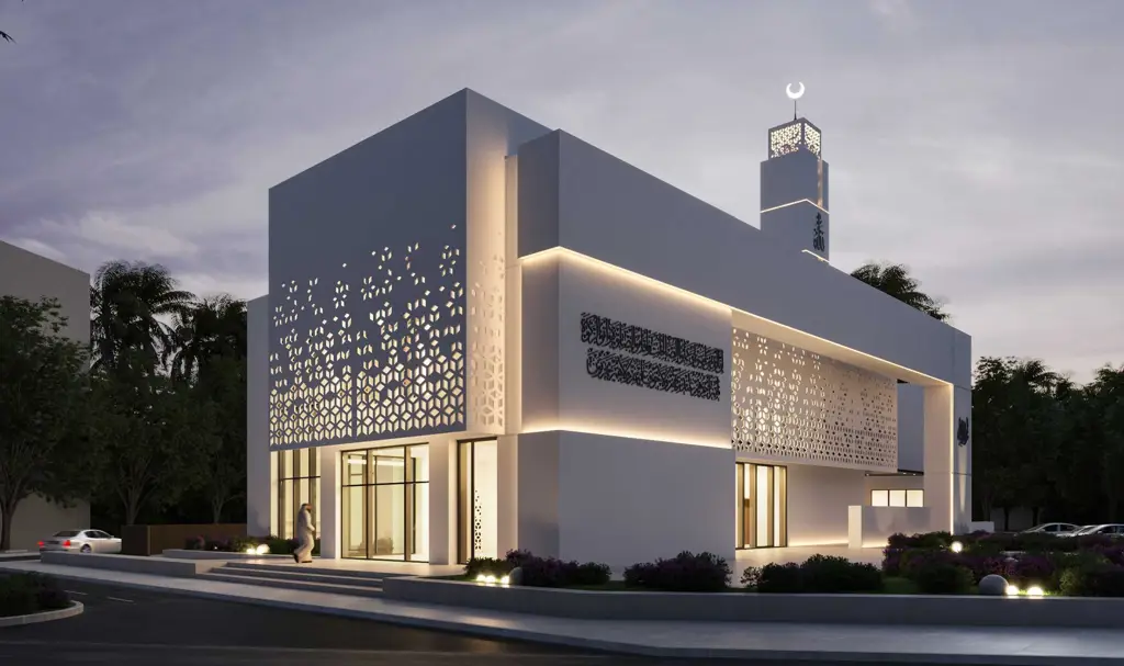 Ilustrasi masjid bergaya modern dengan sentuhan anime