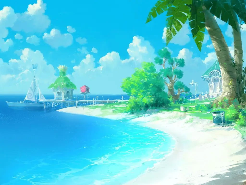 Background pantai anime dengan matahari terbenam yang indah