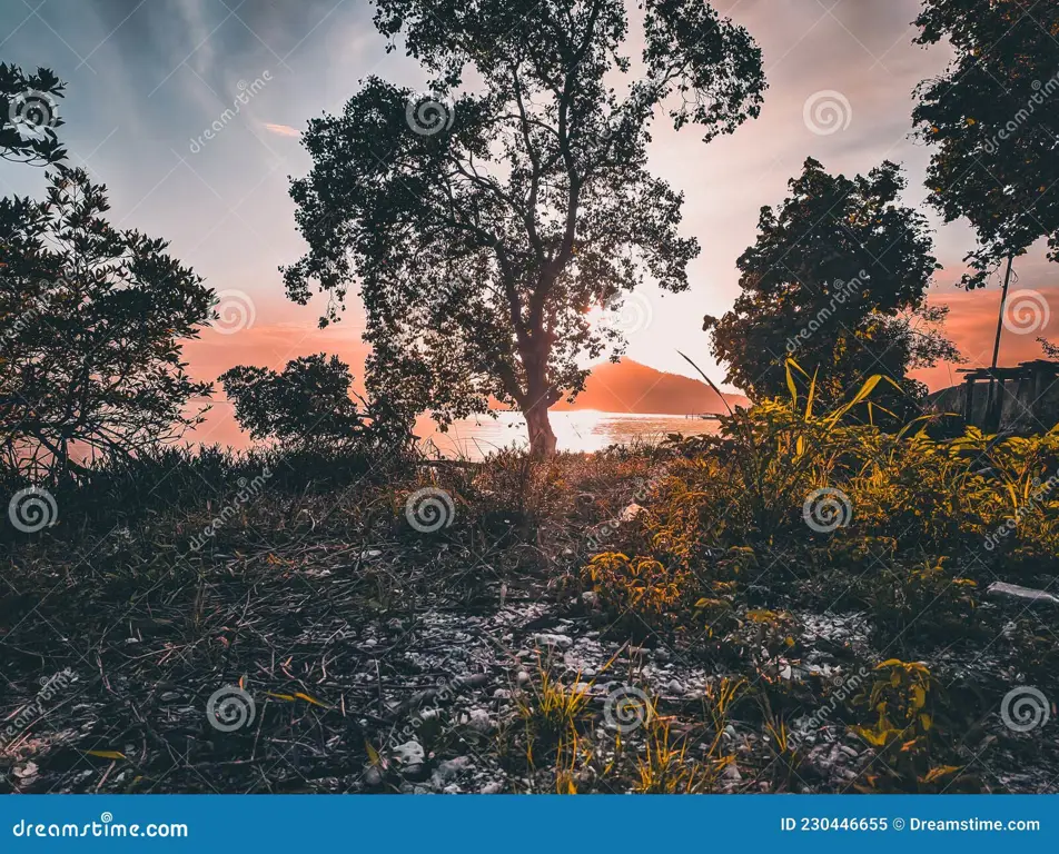 Pemandangan matahari terbenam yang indah di pantai Bandar Lampung