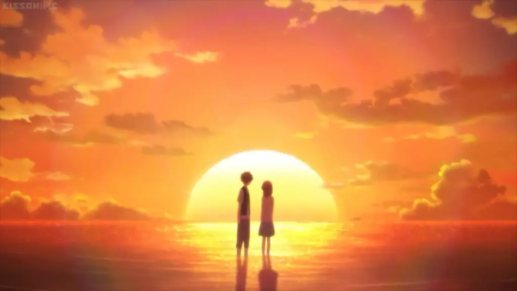 Matahari Terbenam yang Indah di Pantai Anime Pemandangan matahari terbenam di pantai dalam anime