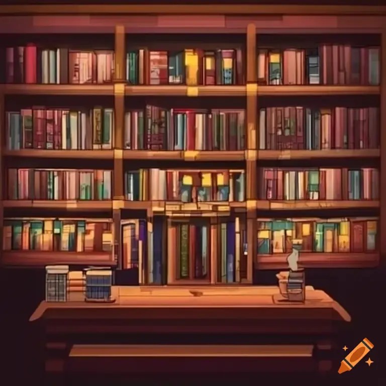 Gambar perpustakaan dengan rak-rak anime