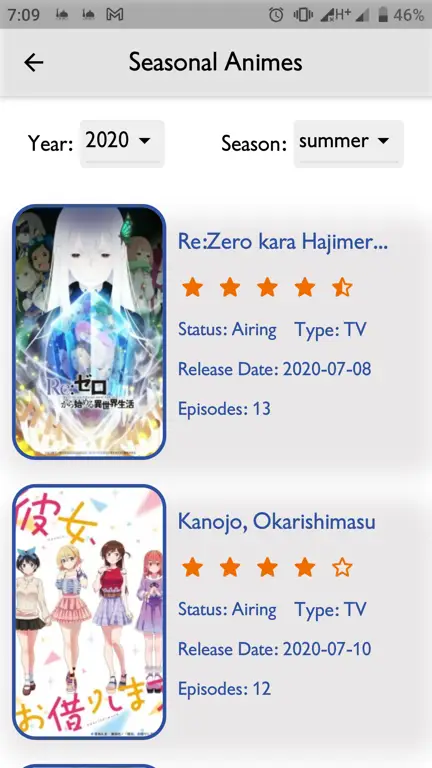 Aplikasi MyAnimeList di smartphone menampilkan daftar film anime