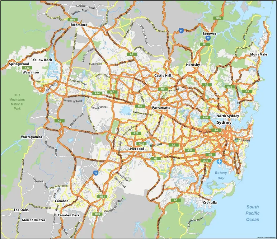 Peta kota Sydney dengan area tertentu disorot