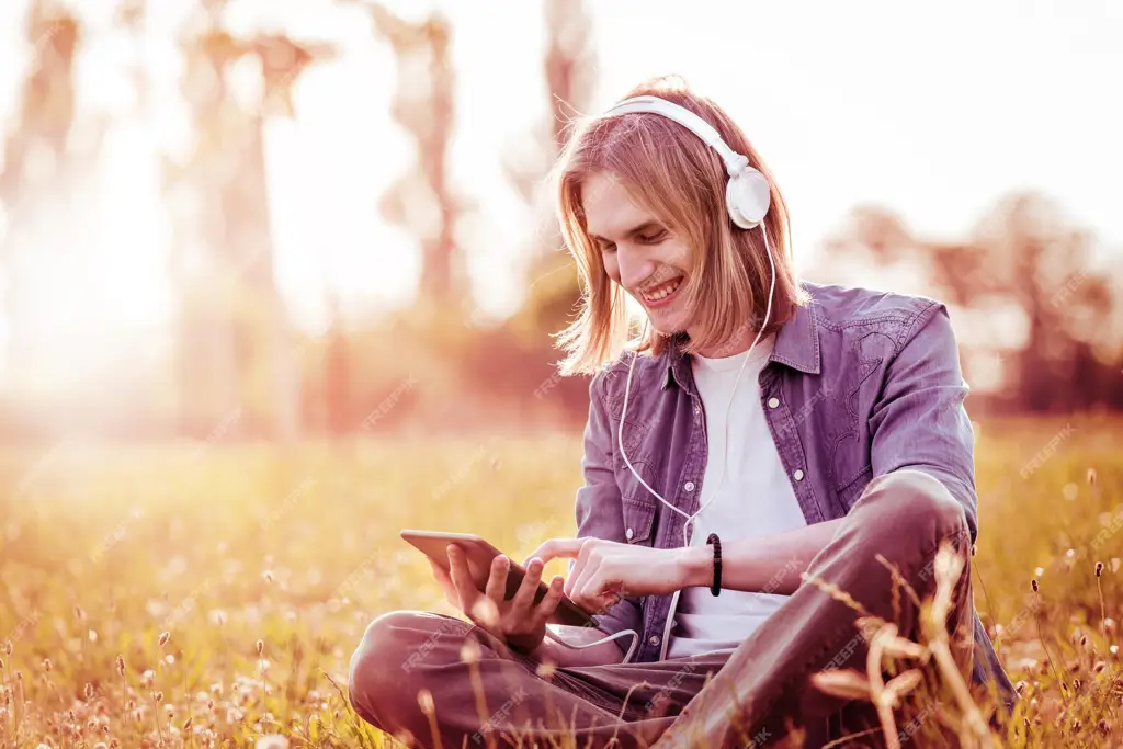 Seseorang mendengarkan musik dengan headphone, menggambarkan pengalaman menikmati lagu Sasayaku You ni Koi wo Utau.