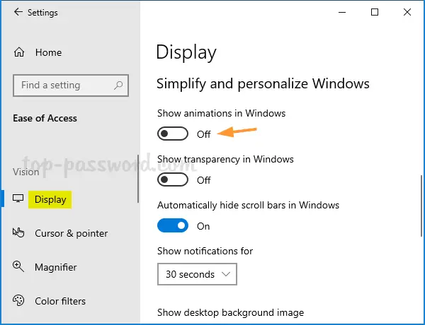 Gambar pengaturan animasi Windows 10