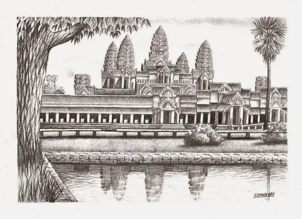 Sketsa Detail Angkor Wat di Bendera