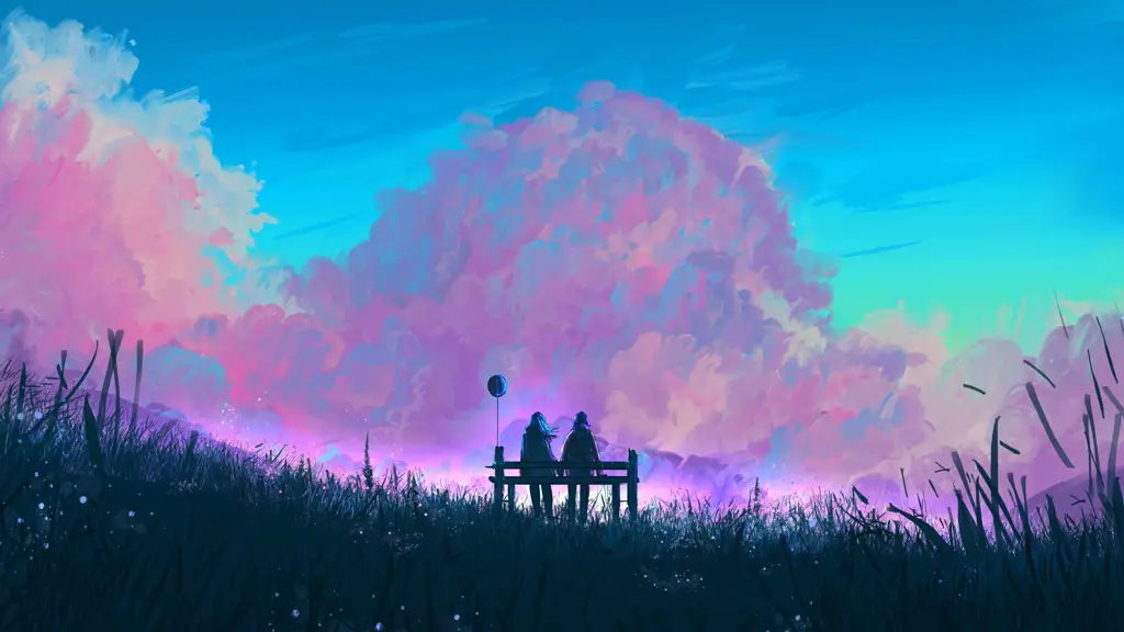 Gambar pasangan anime dengan pemandangan matahari terbenam