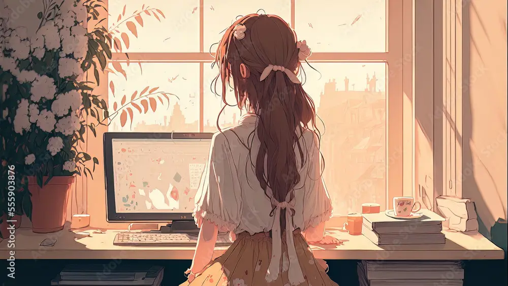 Menikmati Anime dengan Aman Ilustrasi gadis anime menonton anime di laptop