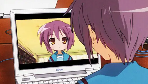 Karakter anime menonton anime di laptop