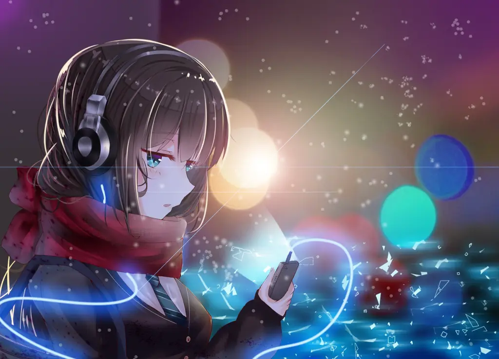 Gadis anime dengan headphone mendengarkan musik