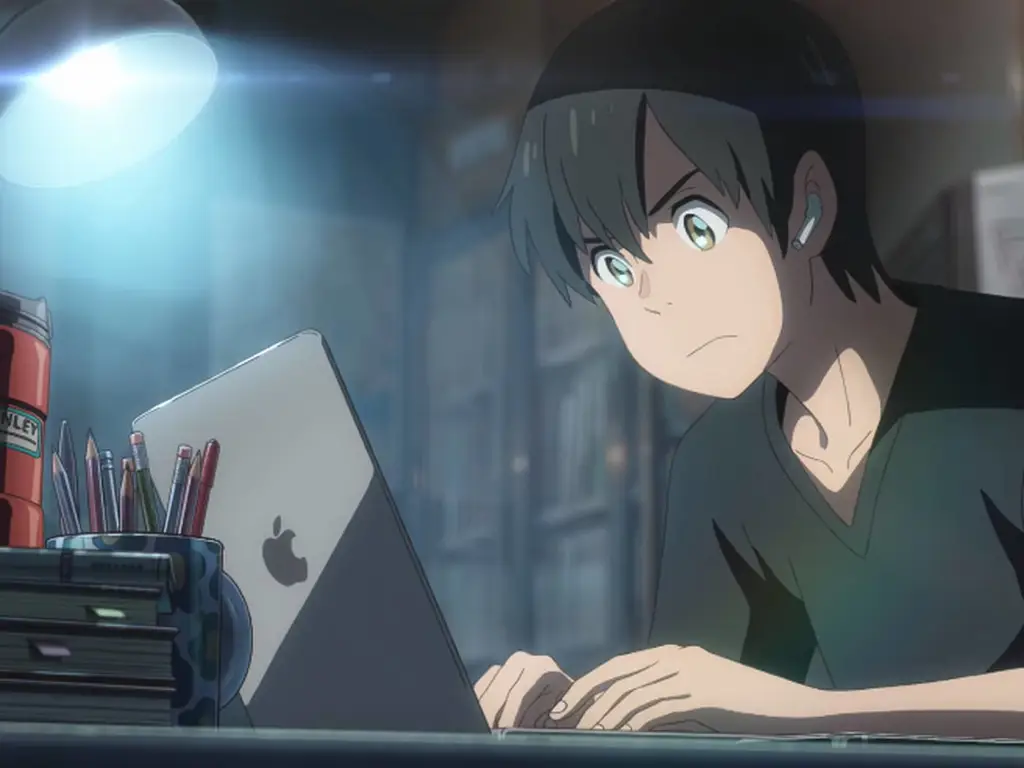 Karakter anime menonton anime di laptop