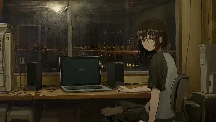Menikmati anime dengan nyaman Seseorang menonton anime di laptop