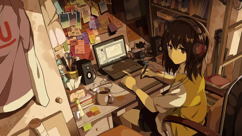 Gambar seorang karakter anime yang menonton anime di laptopnya