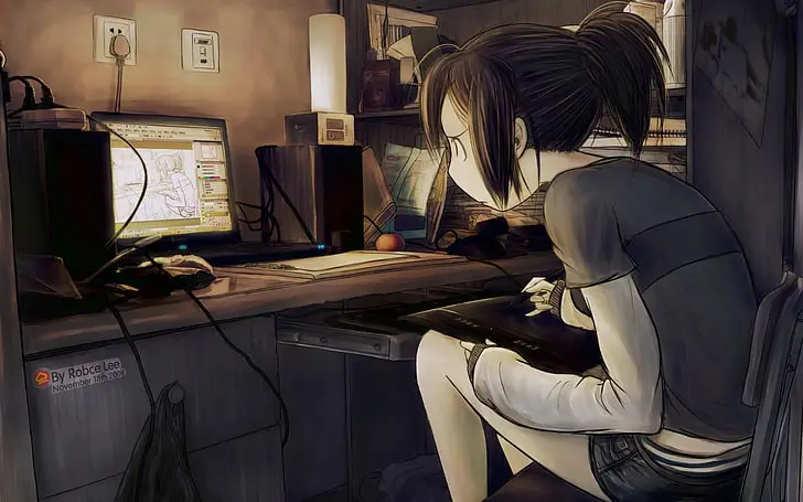 Menikmati anime di rumah Seseorang menonton anime di laptopnya