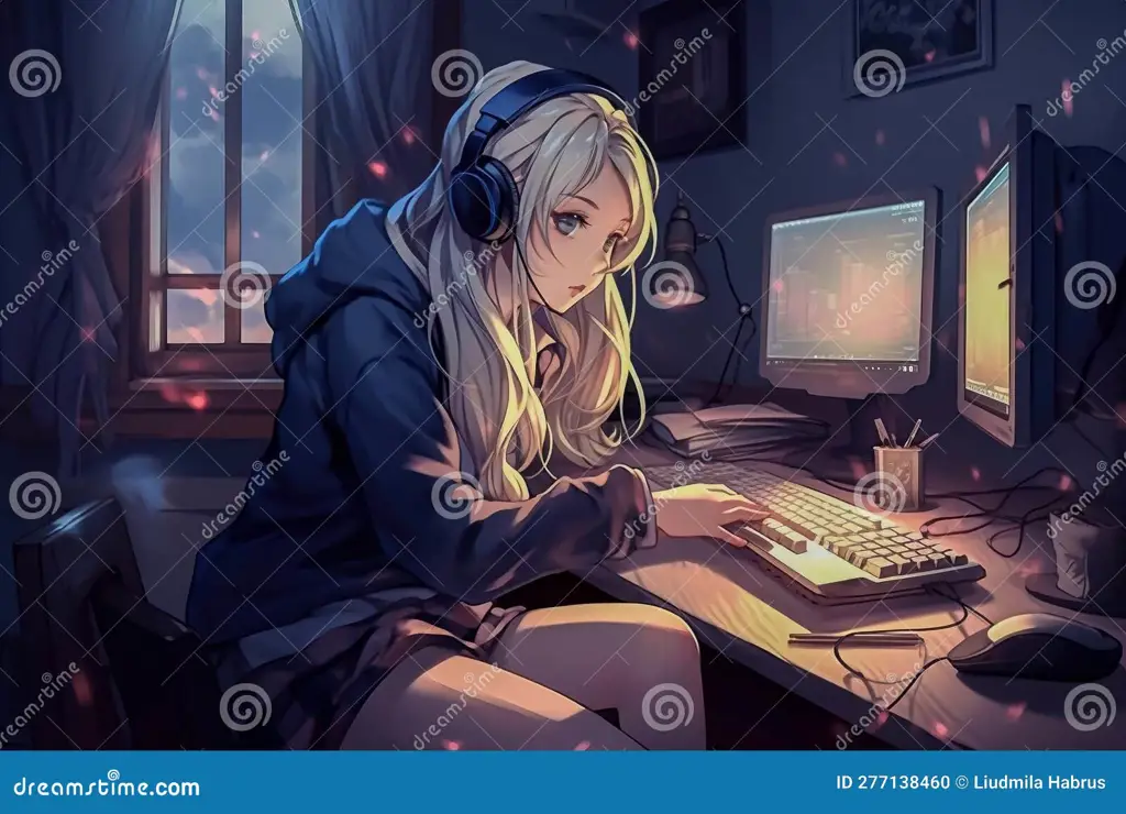 Ilustrasi gadis anime lucu menonton anime di laptop