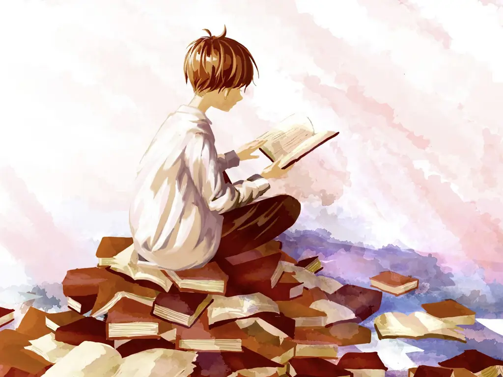 Ilustrasi berbagai karakter anime sedang membaca manga
