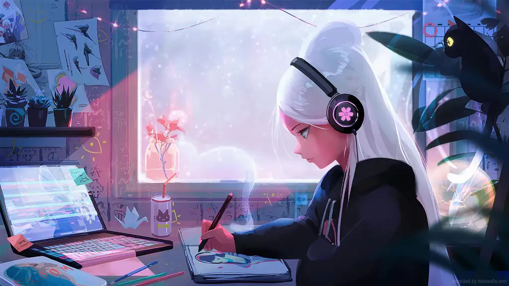 Ilustrasi gadis anime yang sedang menonton anime di laptop