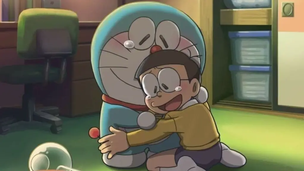 Nobita dan Doraemon menonton TV bersama