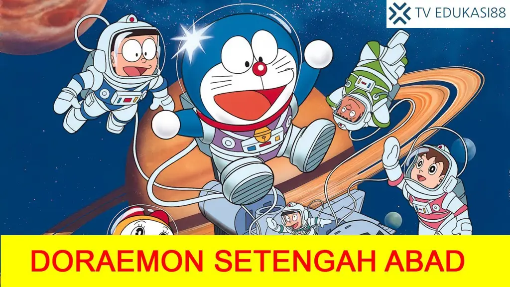 Gambar Doraemon sedang menonton TV dengan subtitle Indonesia