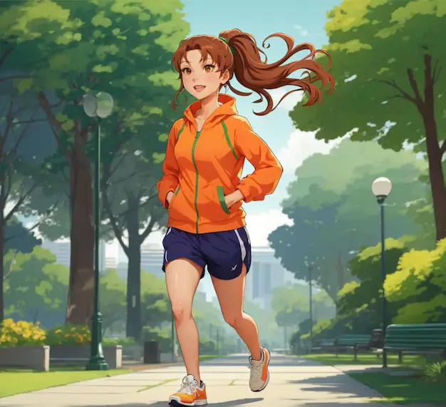 Pemandangan matahari terbit dengan suasana jogging dan anime