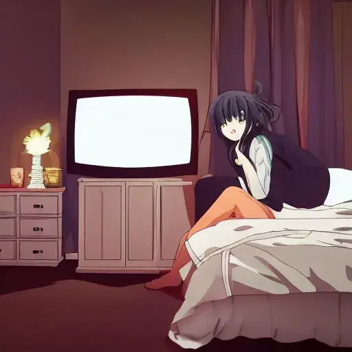 Ilustrasi gadis anime yang menonton televisi dengan ekspresi gembira