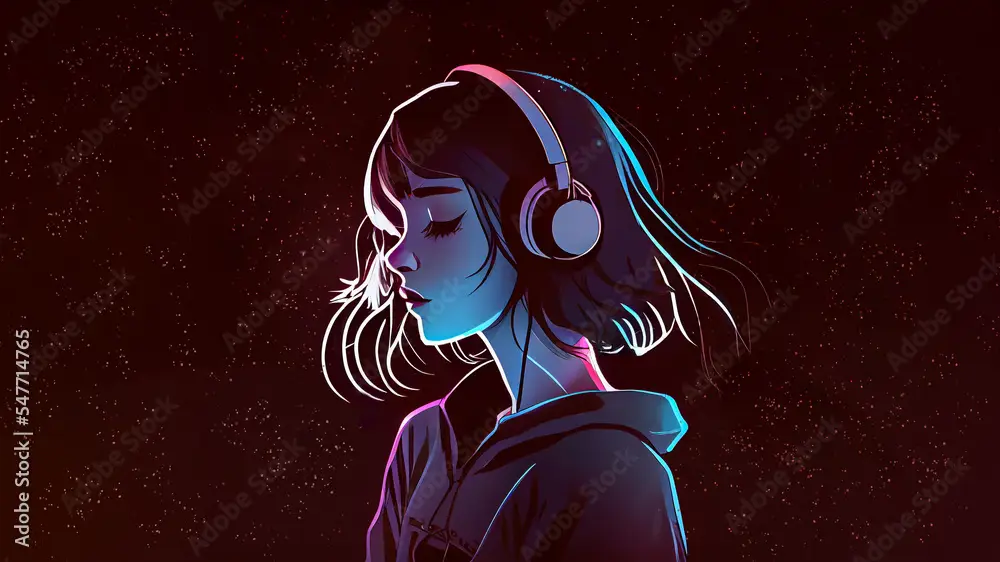 Ilustrasi gadis anime mendengarkan musik dengan headphone