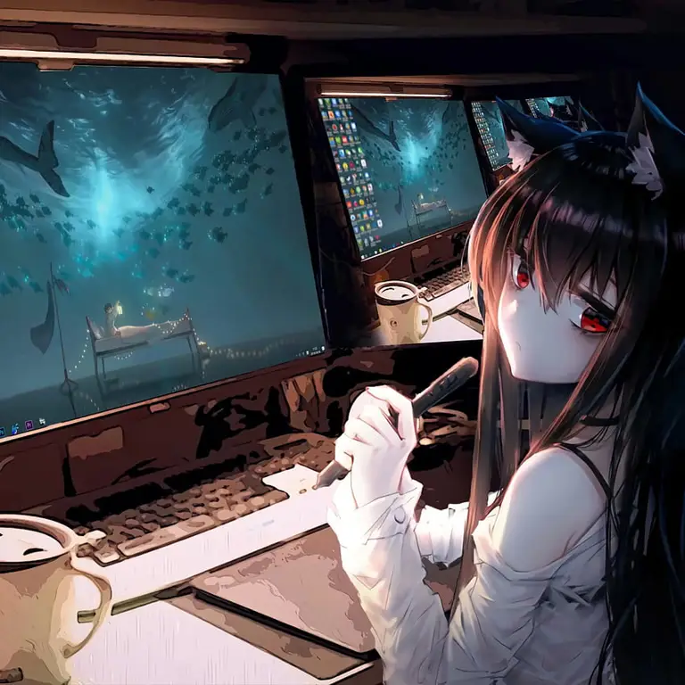 Gambar gadis anime senang menonton anime di laptop