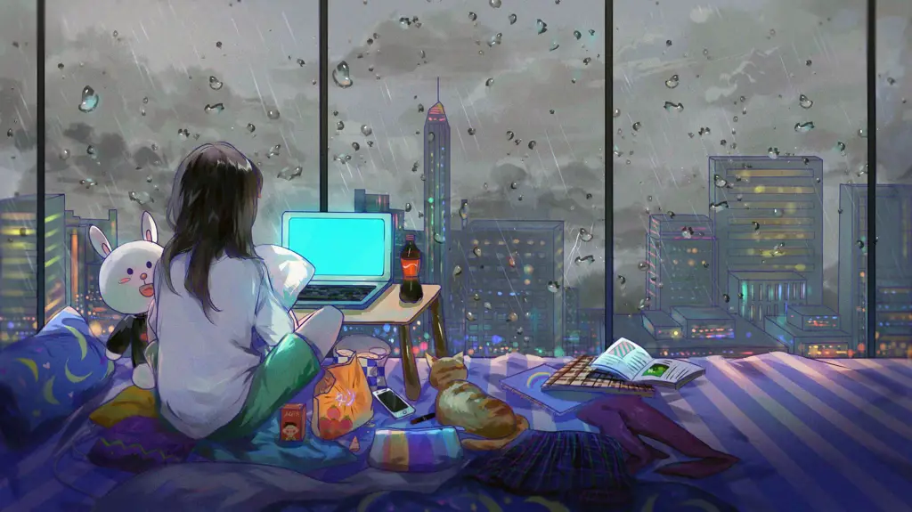 Gambar seseorang menonton anime di laptop